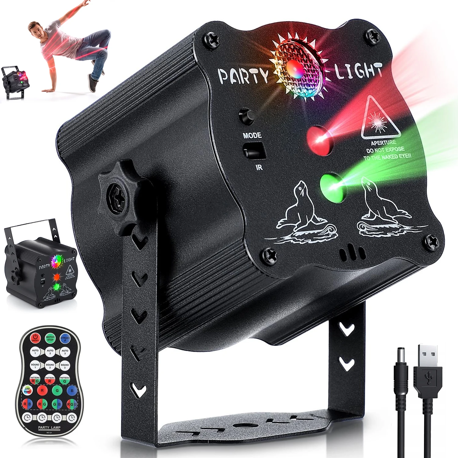 Luz láser para fiestas con alimentación USB, proyector LED para discotecas con control remoto, lámpara de DJ con activación por sonido