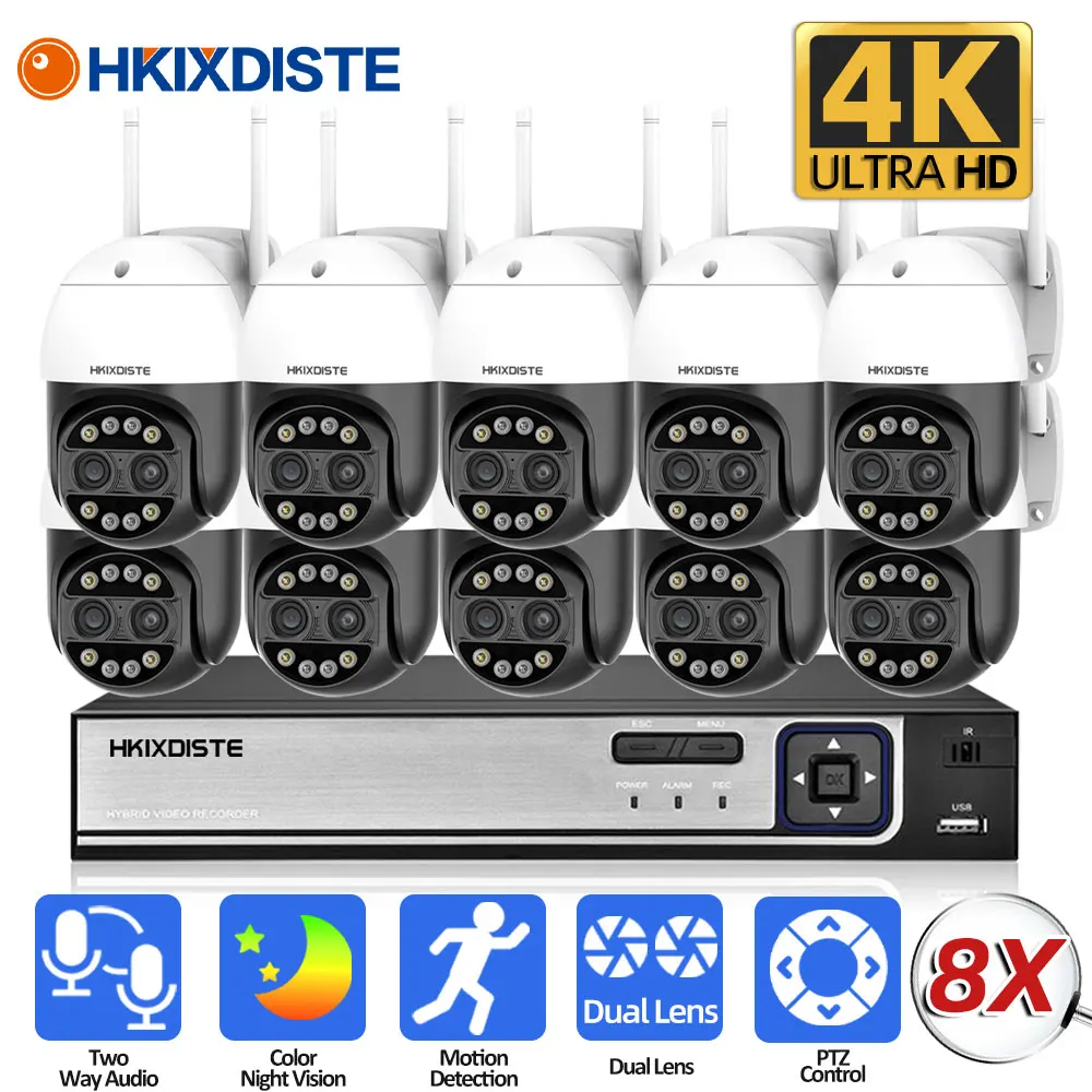 8X Zoom 4K Wifi PTZ IP Camera with 10CH 8MP POE NVR System Color Night Vision CCTV Security Surveillance Camera Kit 8CH NVR Kit