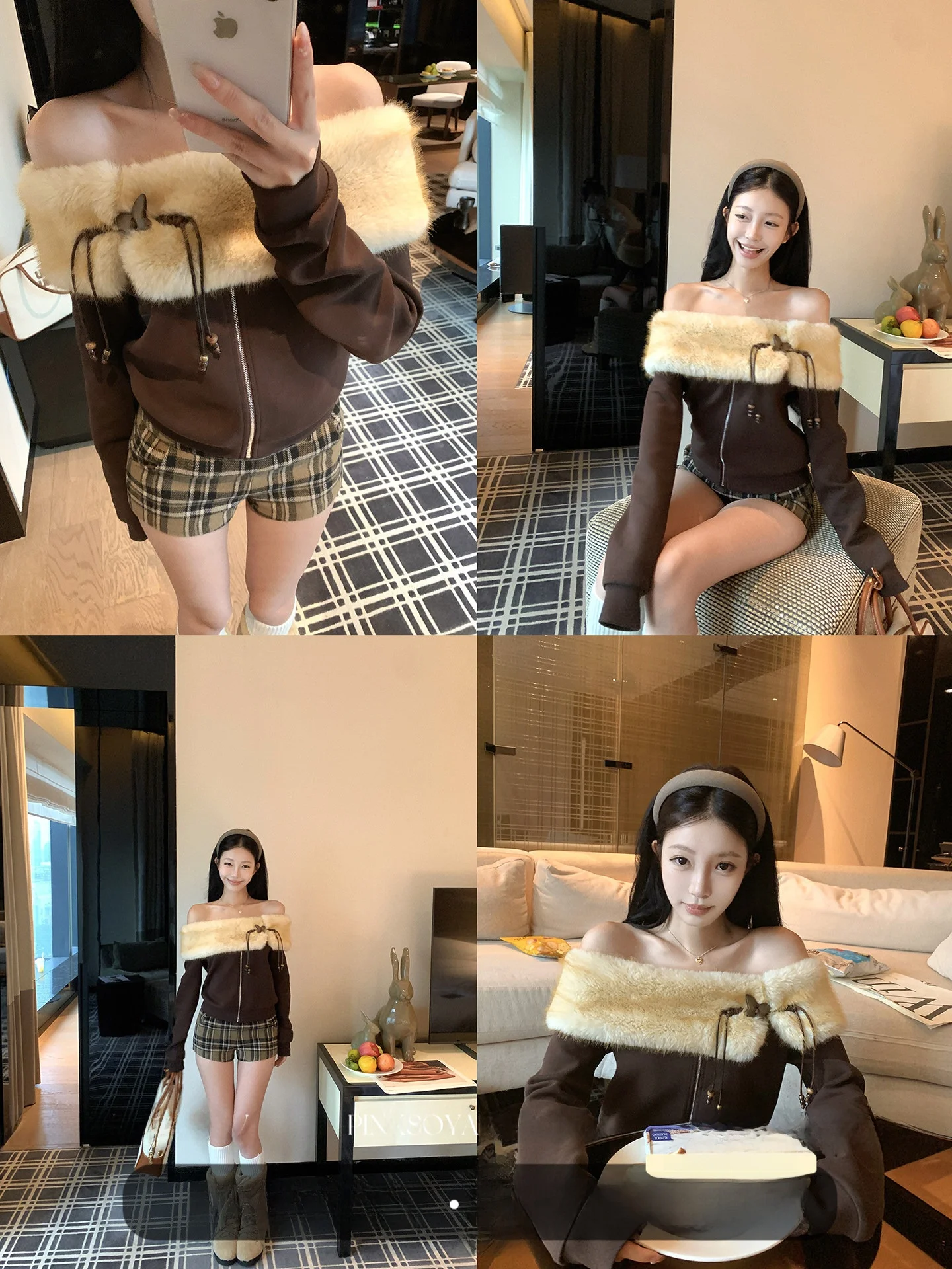 

Pinksoya Винтажный женский зимний свободный свитшот на одно плечо с меховыми вставками и молнией, удобный, из смесового хлопка и полиэстера, длинный