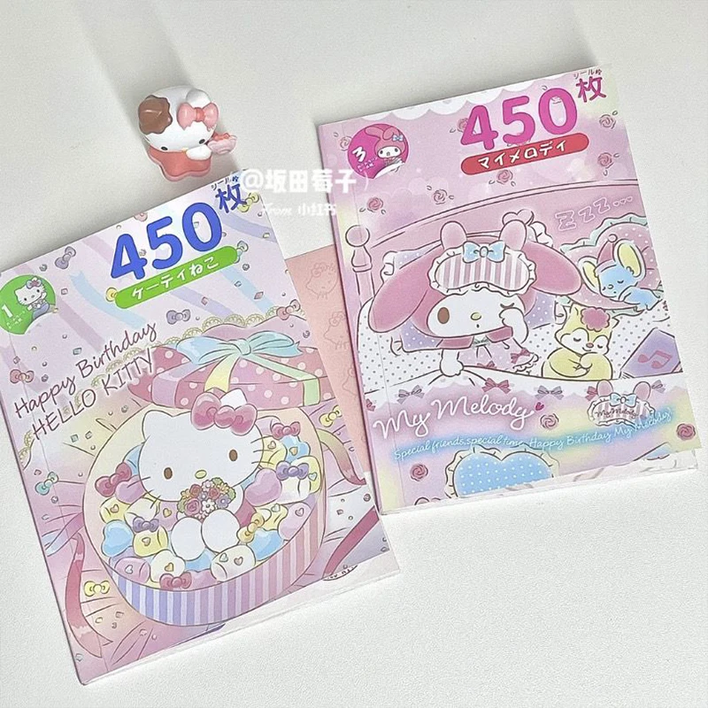 450 Stickers Hello Kitty Sanrio Kawaii Kuromi Mymelody Ledger Material Cute Cartoon Cinnamoroll Waterproof Stickers Diy Kid Gift