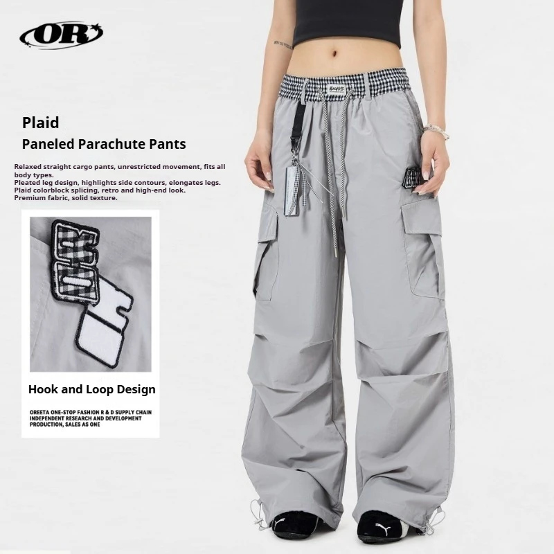 OR FL Checkered Pattern Splicing Leisure Paratrooper Pants Thin Style Retro Versatile High Waist Wide Leg Sports Cargo Trousers