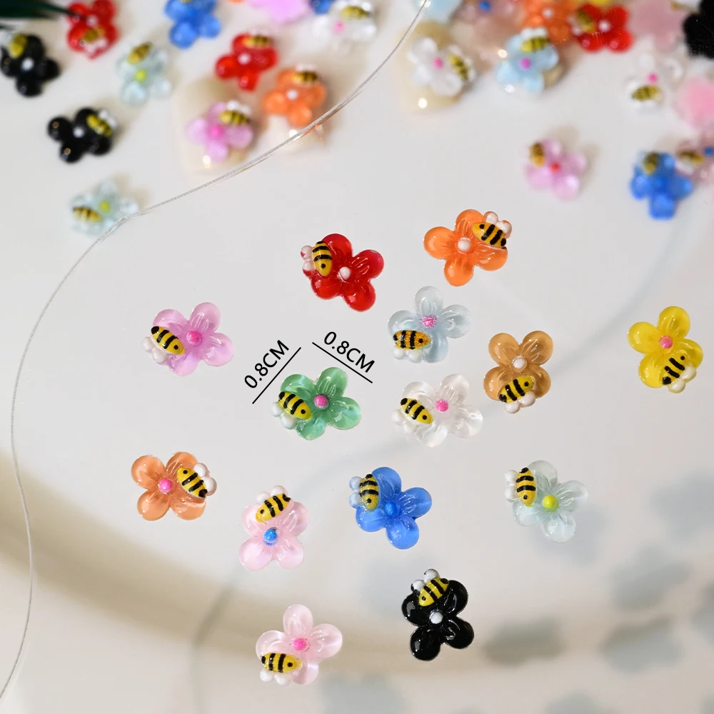50 pçs 3d bonito flor abelha decorações de unhas resina colorida abelha floral arte do prego encantos 0.8cm kawaii flatback verão suprimentos para unhas &