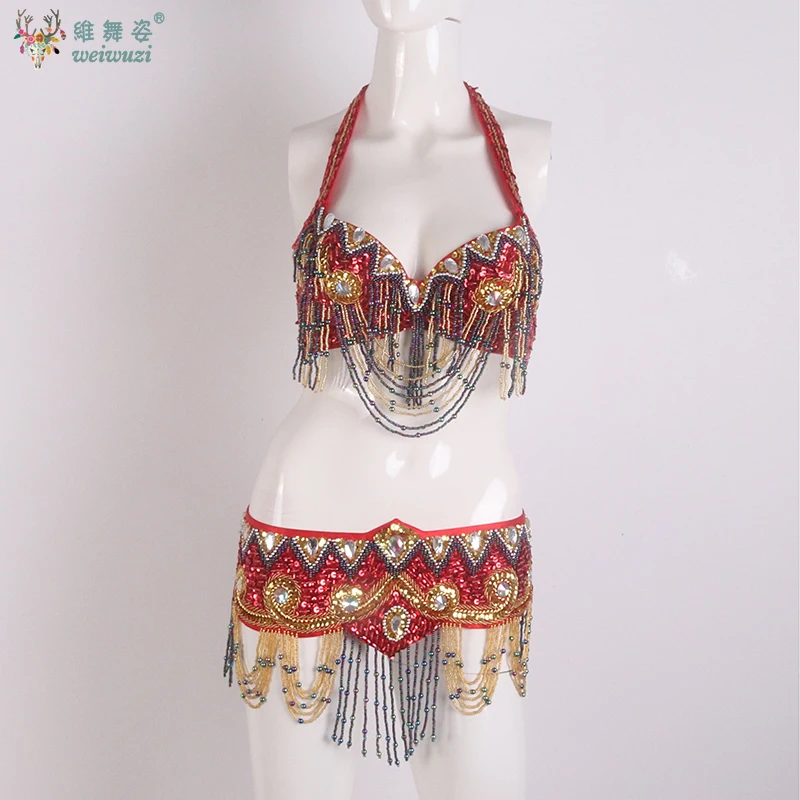 Sexy menina traje de dança do ventre usar frisado lantejoulas barra + cinto 2pc conjunto senhoras trajes de dança do ventre roupas