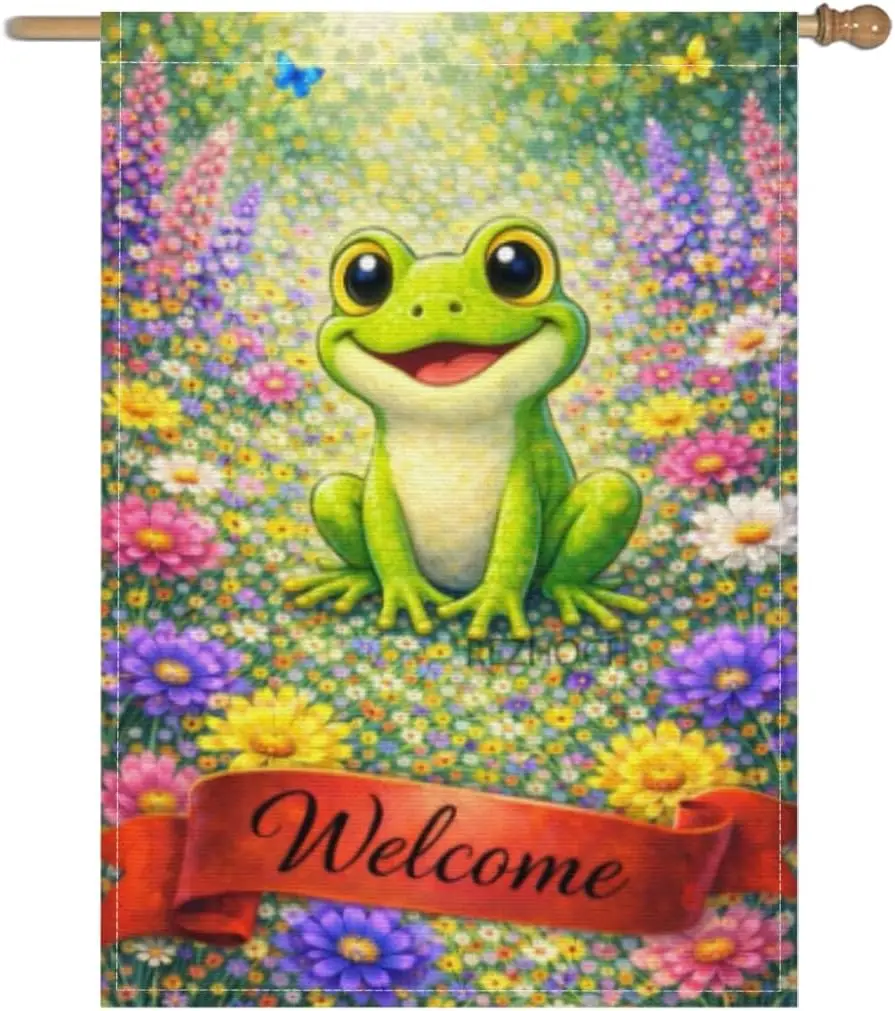 Welcome Garden Flag 28x40Inch,Cute Frog Colorful Flowers,Spring Summer Outdoor Yard Lawn Decor,Fun Animal Oil Painting Doubl MMZ