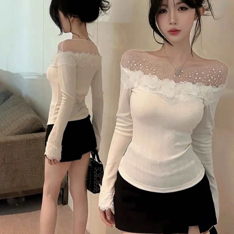 

Rhinestone Lace Patchwork Tee Women Elegant White 3D Floral Blouse Sexy Off Shoulder Spring Fall Long Sleeve Preppy Style Top