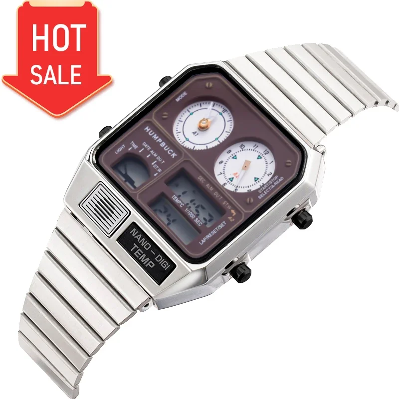 

HUMPBUCK Digital Watch Multifunctional Men's Stainless Steel Waterproof Luxury Wristwatch with Alarm Stopwatch and LED Display