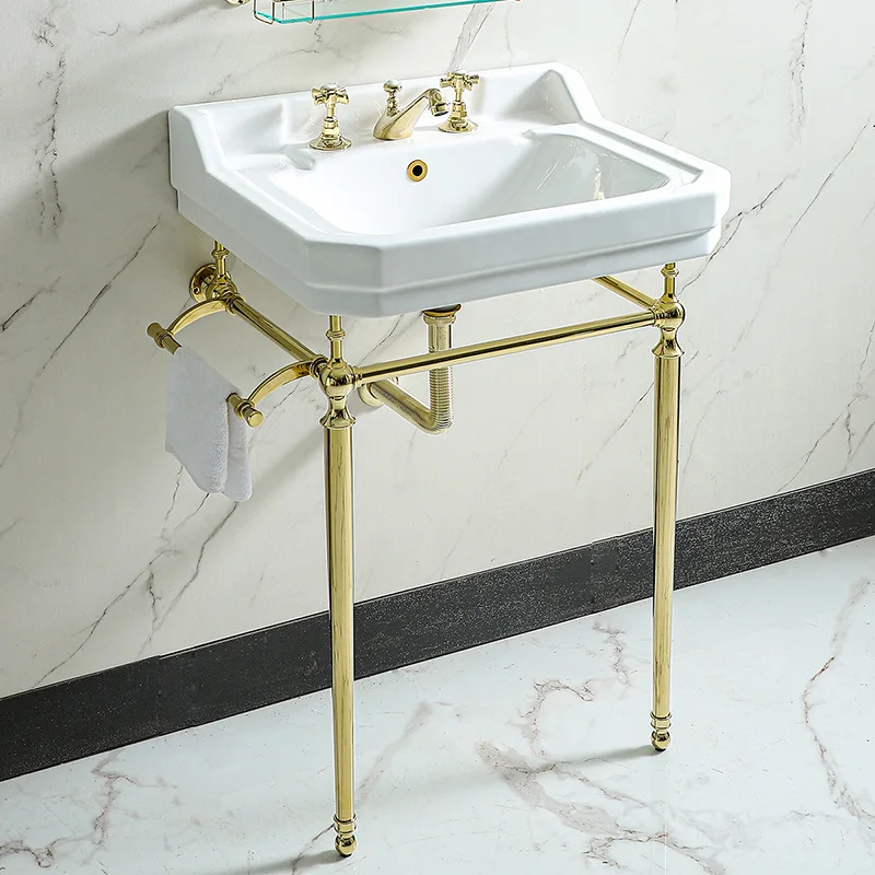 

Wholesale Beauty Retro Floor standing Wash Basin Bracket Gold Bathroom Balcony Wash Basin Bathroom Cabinet Integrated Ceramic