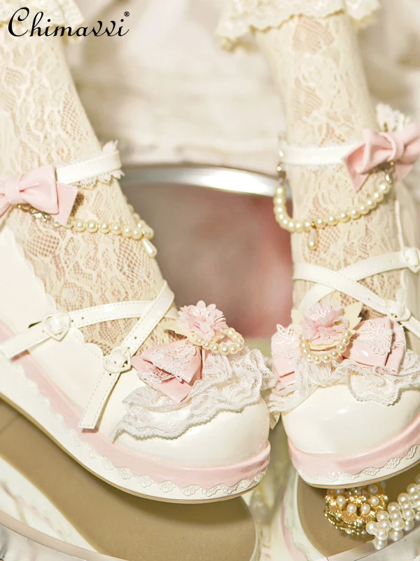 

Original Thick-Soled Heavy-Pearl Bow Round-Toe Princess Shoes 2025 New Sweet Girl Kawaii Temperament Mary Jane High Heels