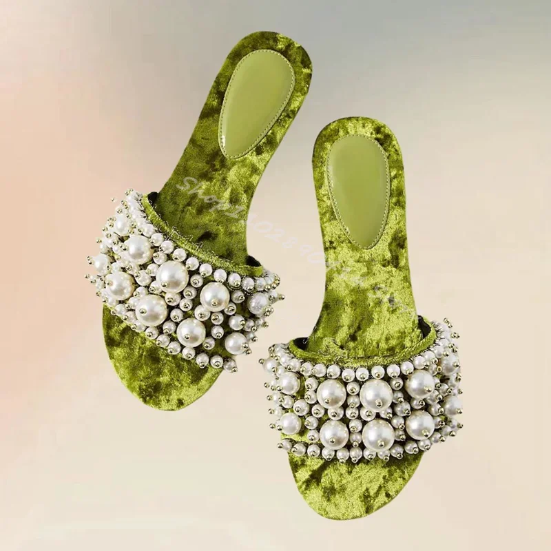 

Pearl Decor Green Corduroy Open Toe Slippers Slip On Women Shoes Low Top Fashion Party Banquet Dating 2025 Zapatos Para Mujere