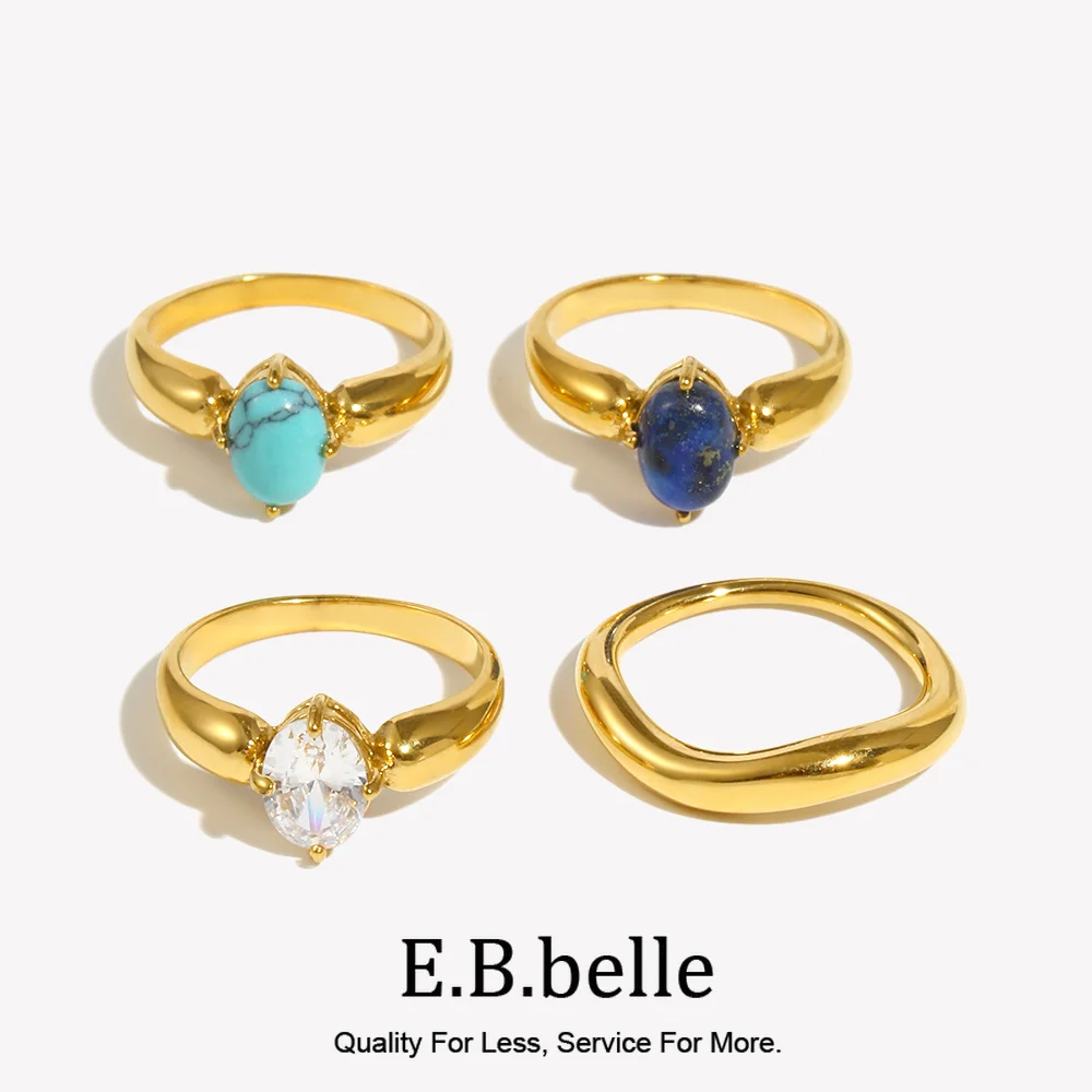 E.B.belle Gem Lapis Turquoise 3A Cubic Zirconia Colorful Rainbow Crystal Rings For Woman Gold Plated Stainless Steel Ring
