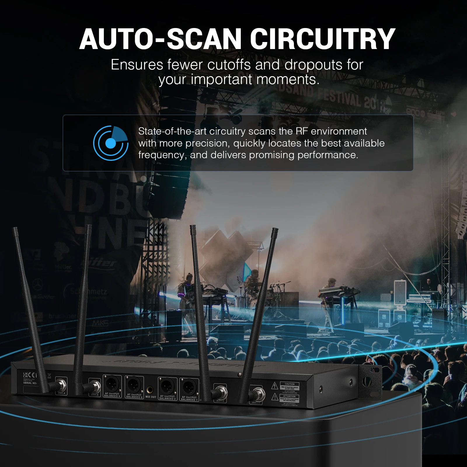 Phenyx Pro 4x40 Channels Wireless Microphone System Cordless Mic Set Auto Scan 328ft/m Coverage for DJ, Church,Events PTU-7000
