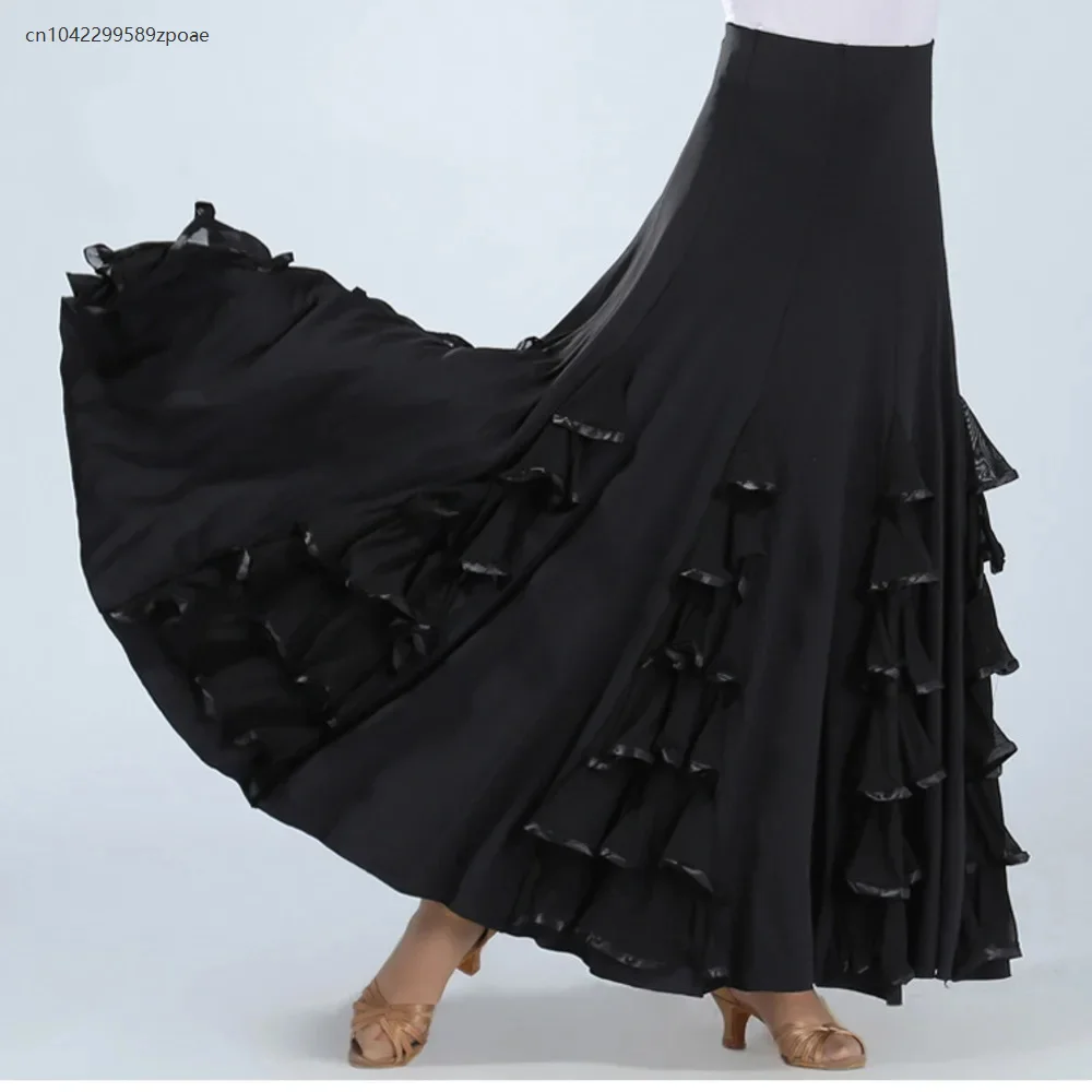 Falda de competición española Flamenco para mujer, falda de baile de salón, danza cuadrada, falda de práctica de Swing larga de baile estándar nacional