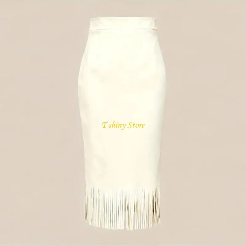 N58F Comfortable Women's High Waist a Line Midi Skirt Elastic Faux Suedes Fabric with Fringe Decor for Fall Winter Comfort