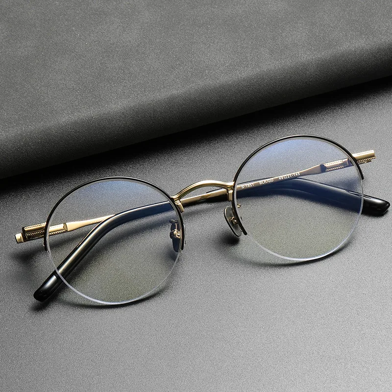 

High Quality Half Rim Glasses Frames Men Pure Titanium Retro Round Small Eyeglasses Optical Myopia Eyewear Japanese Handmade