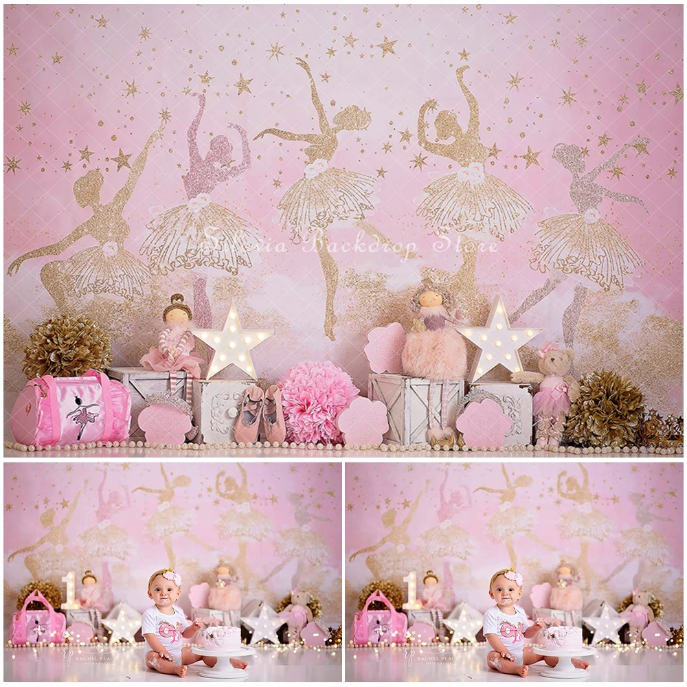 

Pink Ballet Point Photo Background for Girl Princess Birthday Cake Smash Photo Studio Props Golden Fairy Photography Backdrop