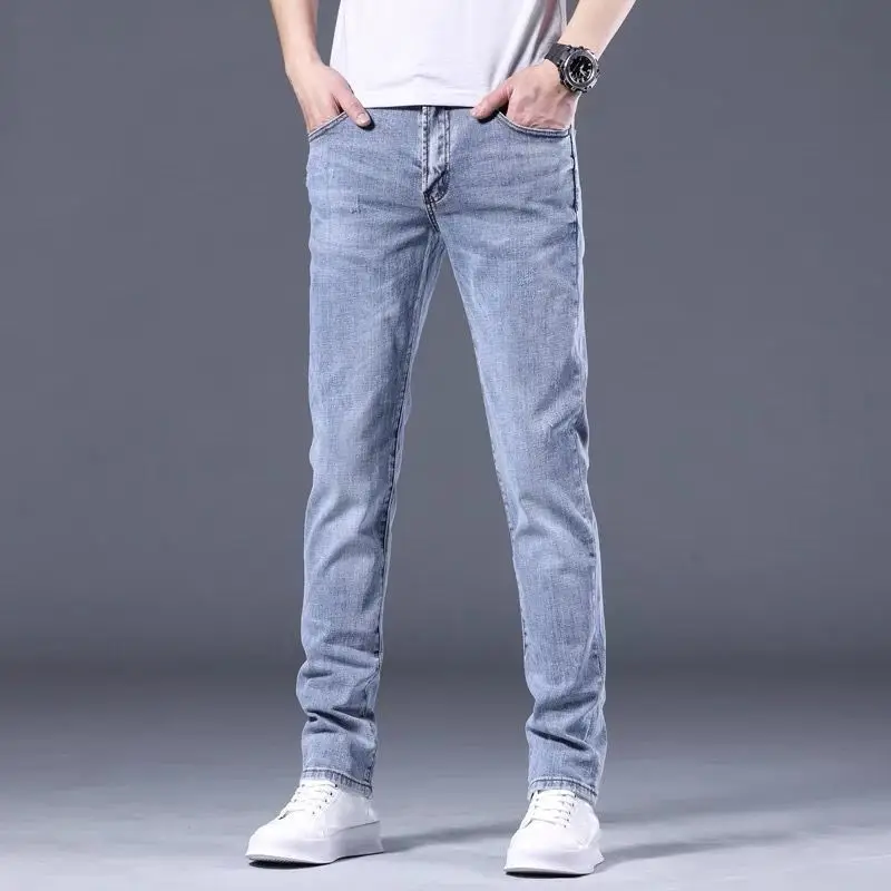 High-End Luxury Clothing Slim Denim Jeans for Men Autumn 2024 New Korean Skinny Jeans Solid Light Blue Golf Streetwear Pants