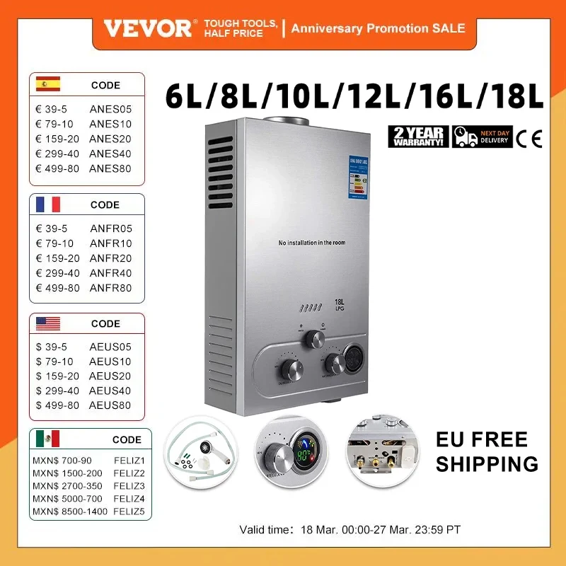 VEVOR LPG Gas Water Heater 6L-18L Stainless Steel Tankless Propane Gas LPG Boiler With Shower Kit Home Camping Appliance