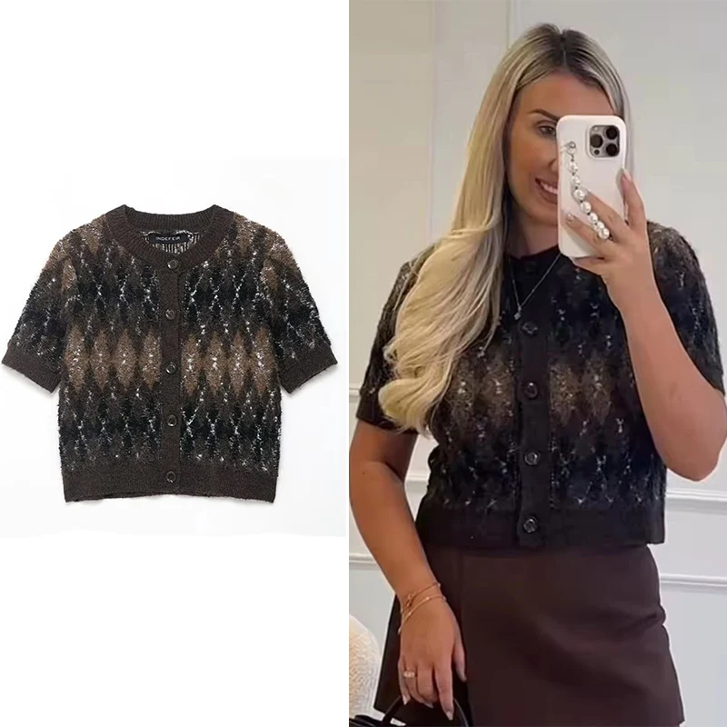 

Women Elegant Knitted Short Cardigans 2025 Autumn New Fashion Printing Short Sleeve Sweater Cardigan Casual Knitwear Top