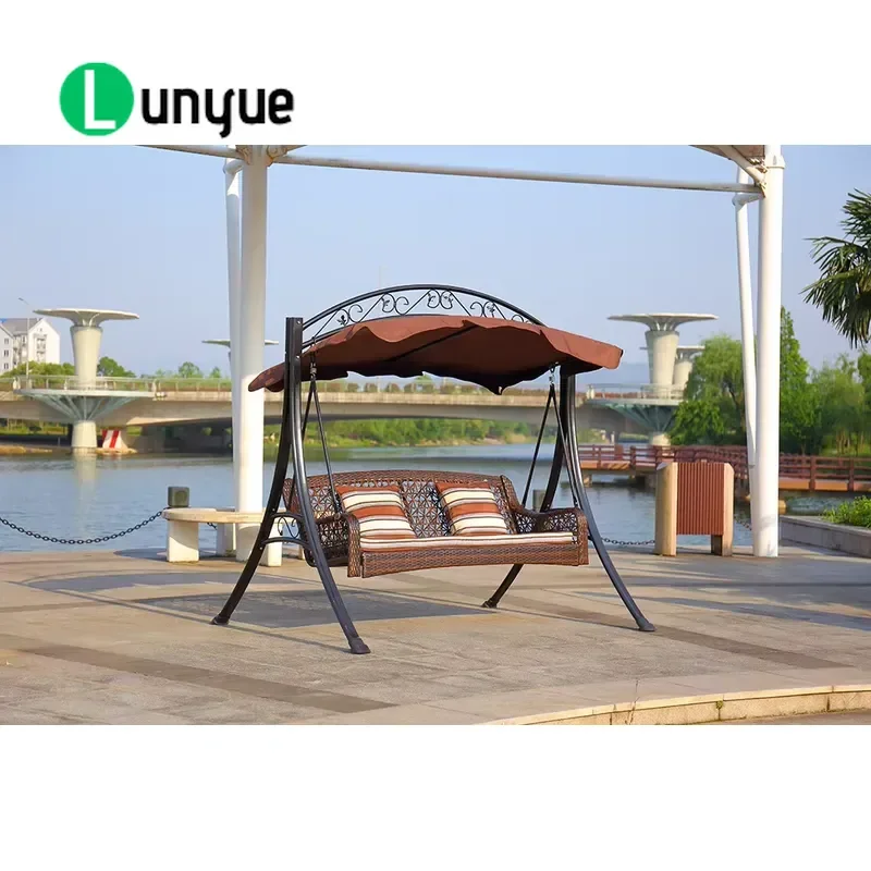 3 Seat Steel Outdoor Swing Chair with Parasol Modern Garden Furniture for Patio Yard Backyard Durable Weather Resistant