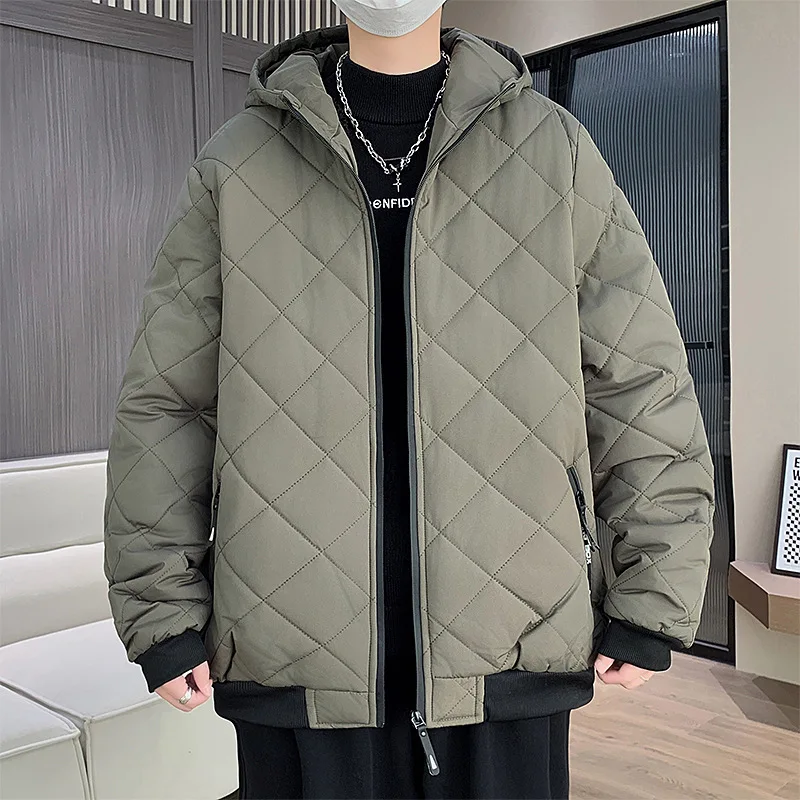 Men's Casual Cotton-padded Coat Winter Warm Thickened Jackets for Men with Hood Rhombus Texture Streetwear Padded Parkas Jacket