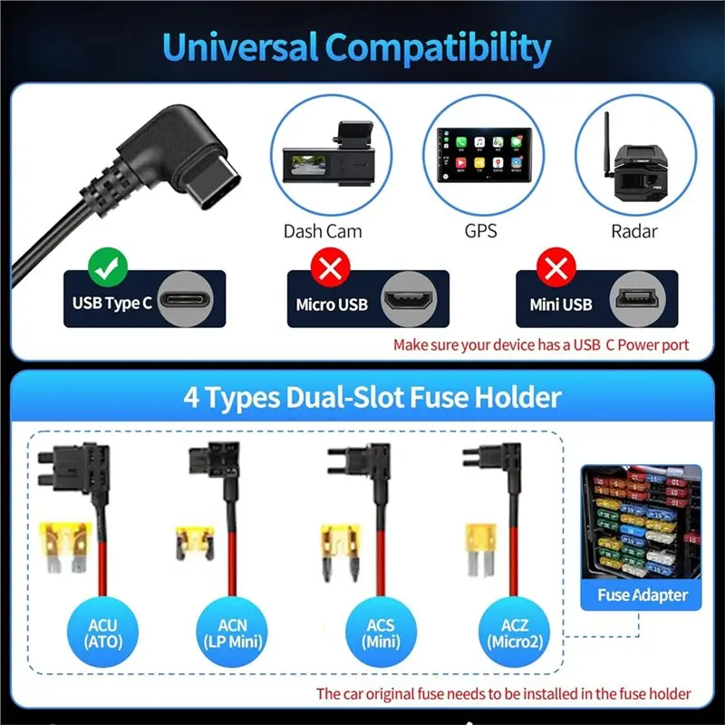 Universal 24 Hours Monitoring USB-C Dash Cam Acc Hardwire Kit Including LED Voltmeter And Adjustable Low Voltage Protection