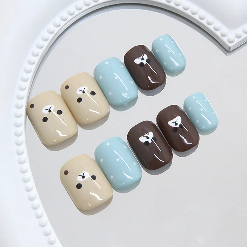 

24pcs Cute Little Bear Press on Nails Short Style Fake Nail Tips Women Wearable Cover Fashion Fang Style False Nails