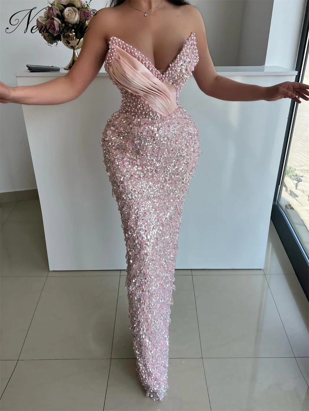 2025 Aangepaste Roze Parels Avondjurken Robes De Soiree Zeemeermin Pailletten Cocktailjurk V-hals Verjaardagsfeestje Receptie Jurk