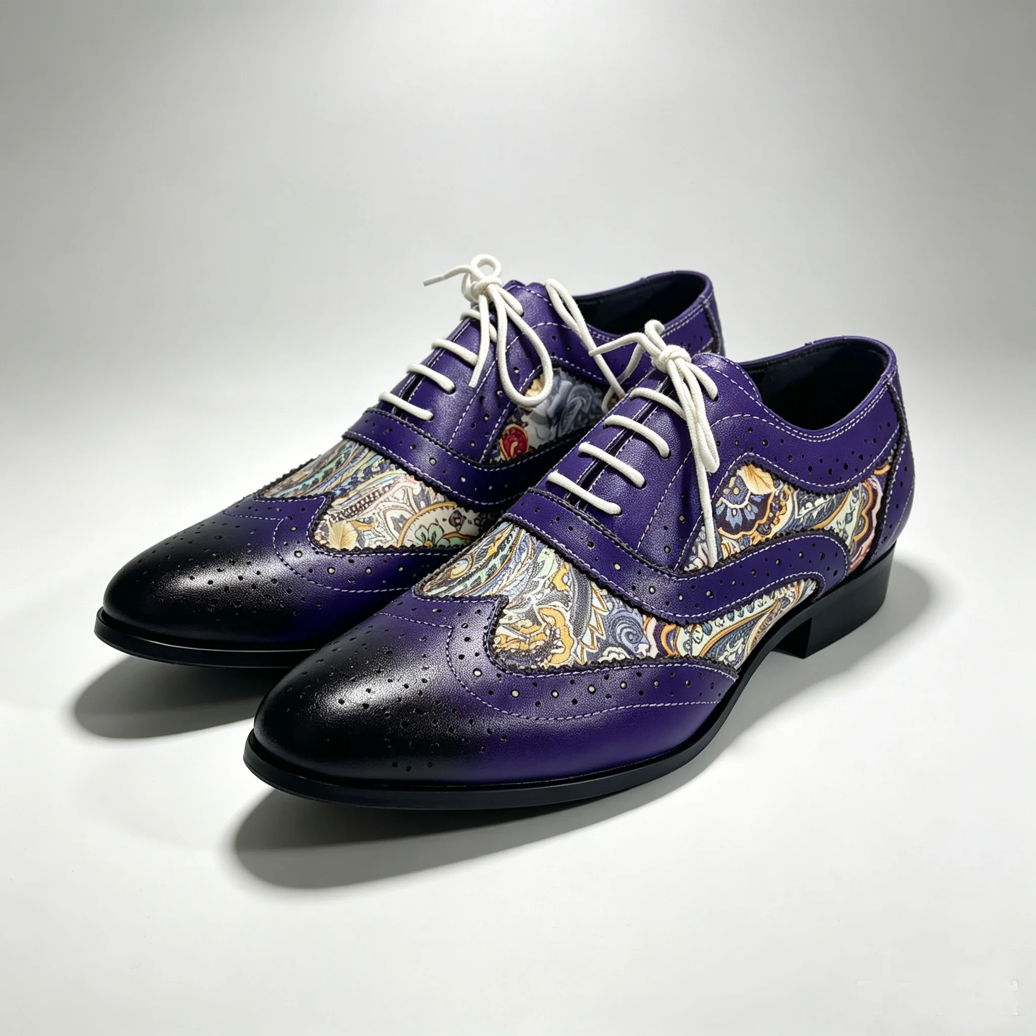Men Wingtip Brogue Oxford Shoes Paisley Floral Patchwork Leather Dress Shoes Gradient Toe Lace Up Formal Party Wedding Footwear