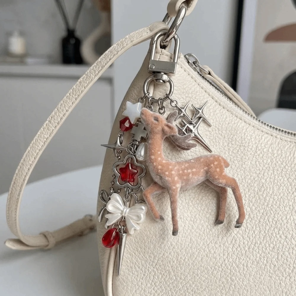 Cute 11cm Length Deer Keychain Handmade Portable Phone Charms Korean Style DIY Bead Case