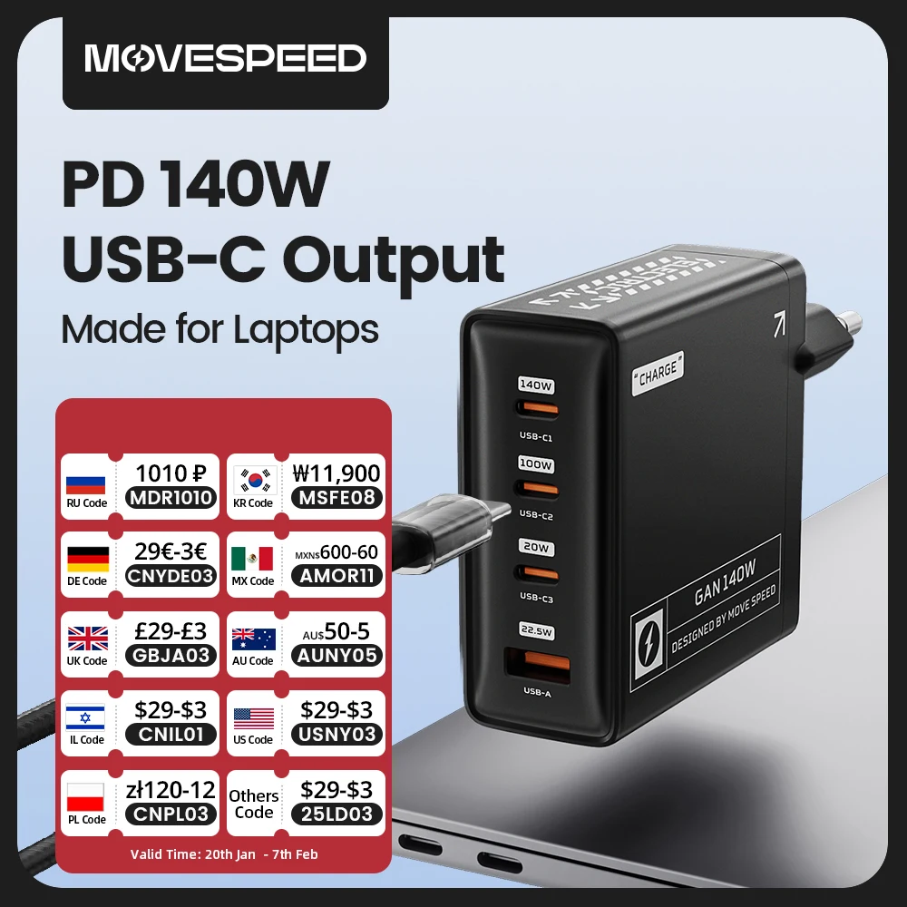 MOVESPEED PD3.1 USB-C Charger 140W High Speed Fast Charging 4 Ports GaN Charger for MacBook Pro Air Surface Lenovo Dell Laptops