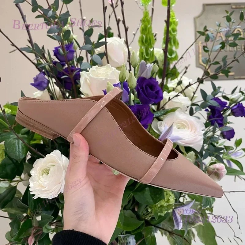 البغال المسطحة نصف جولة أشار تو الصنادل الجلدية السوداء المرأة عارضة الذهب حزام مشبك تصميم الفضة النعال جوفاء أحذية الملاعب المغطاة #6