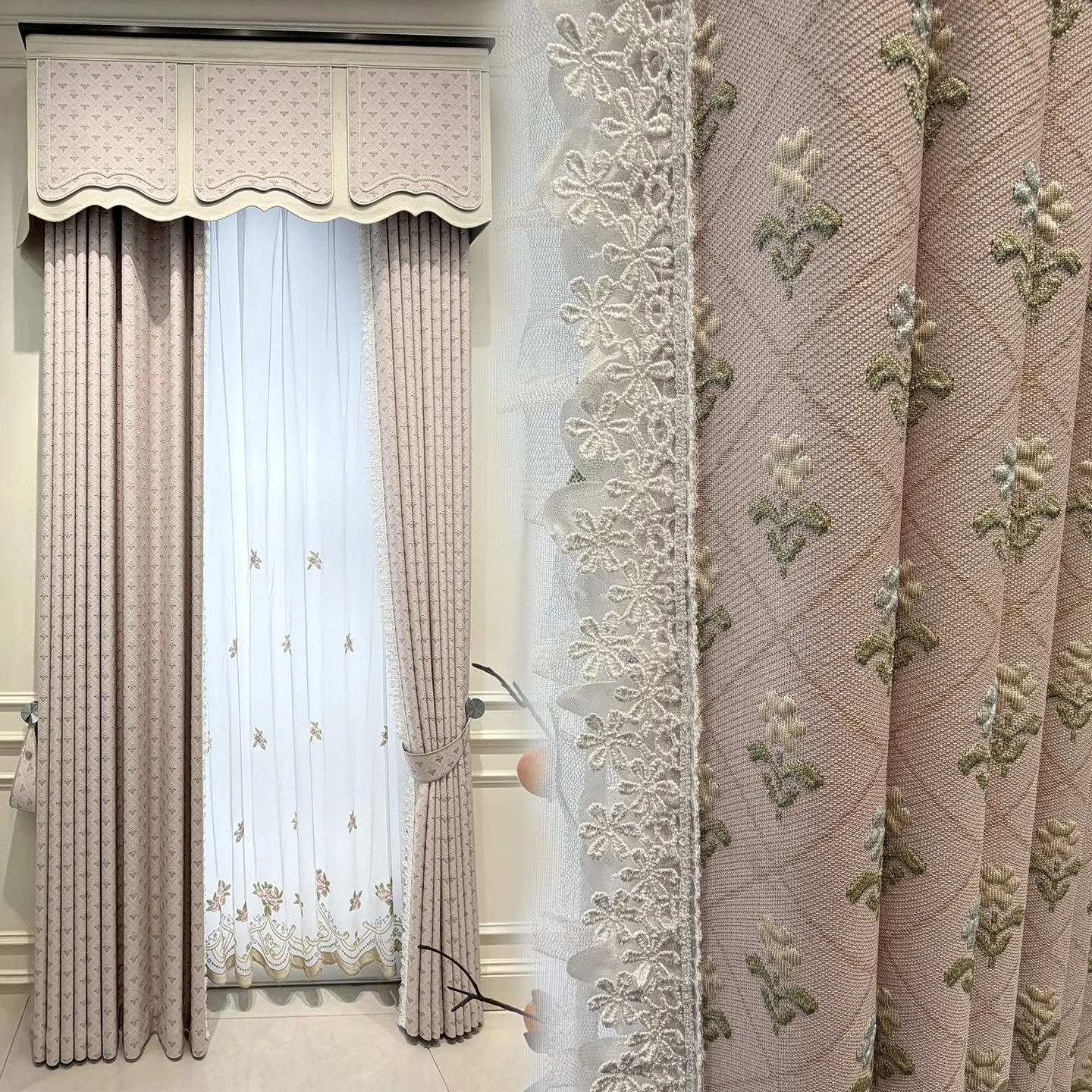 New French Retro Relief Powder Chenille Jacquard Lace Curtains for Living Room Bedroom French Window Customized Villa Valance