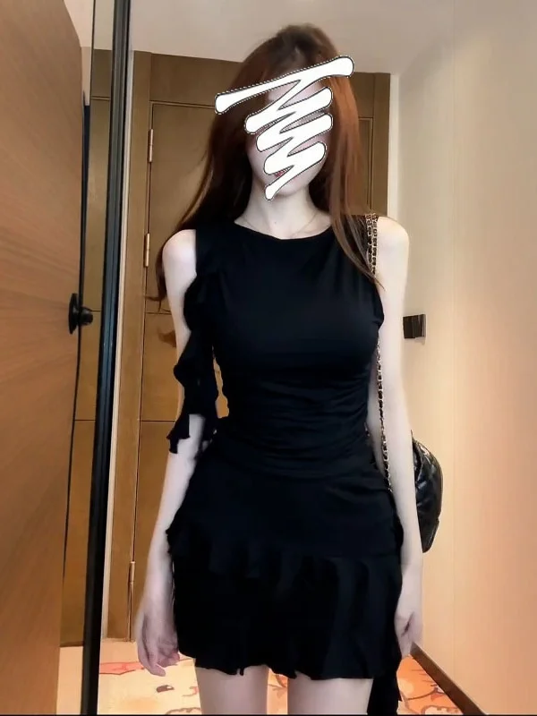 

Summer New Sle Pure Desire Spicy Girl Svel round Ne Vest Top Women's ort Length Uneven Sa Cake Skirt Set