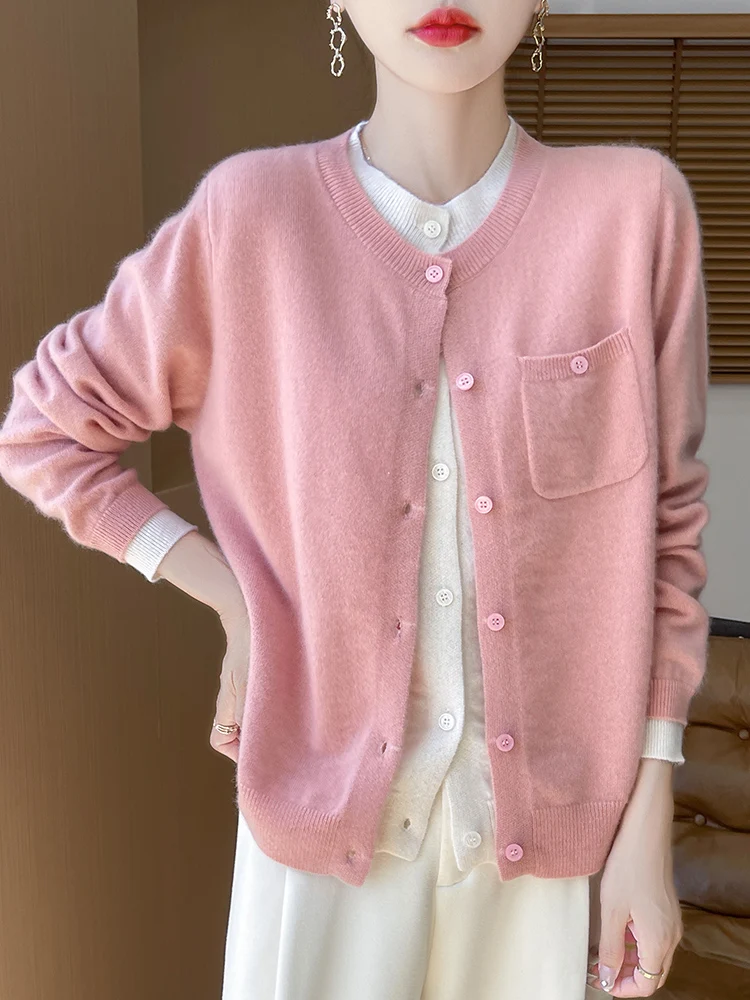 

New Women 100% Merino Wool Cardigan Spring Autumn Fake Two Sweater Color Blocked O-neck Cashmere Knitwear Grace Soft Pocket Tops