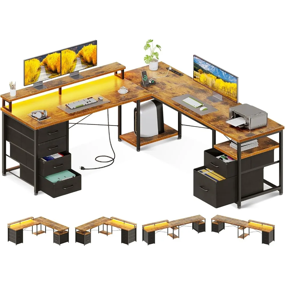 

66" L Shaped Computer Desk, 113“ Reversible Home Office Desk with File Cabinet & 4 Fabric Drawers, Two Person Desk with LED Lig