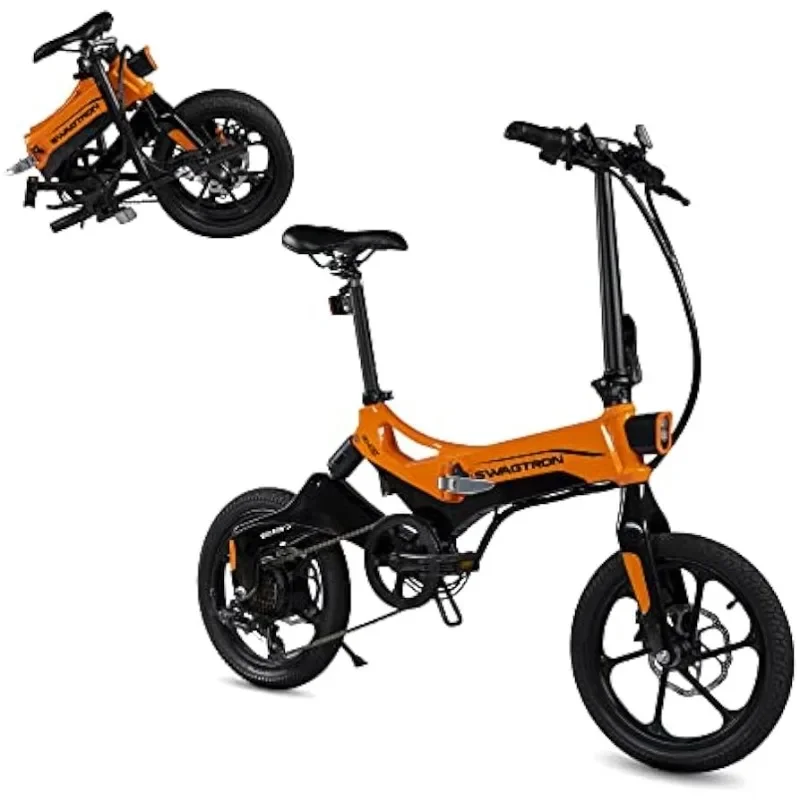 

Swagcycle EB-7 Elite Plus Folding Electric Bike with Removable Battery, Orange/Black, 16" Wheels, 7-Speed