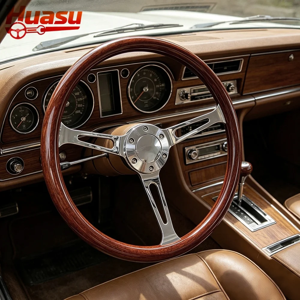 Huasu Big Hole Polishing Spoke Classic Wood Grain Look Racing Steering Wheel 15inch 380mm Concave ABS Grip Car Accessories