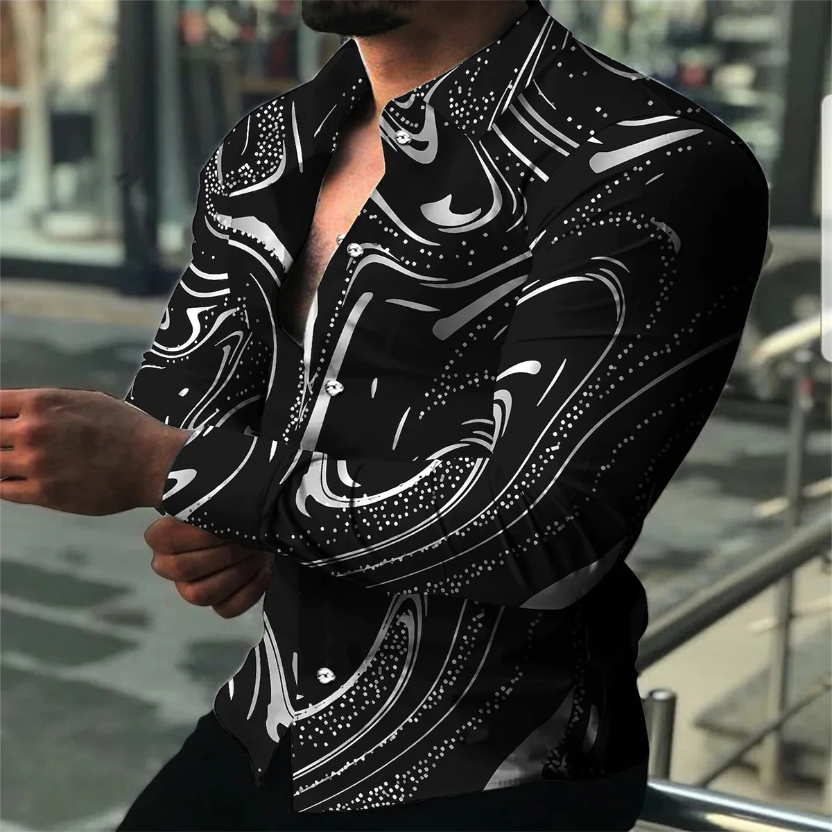 Spring And Autumn Mew Unique Punk Style Men\'s Dance Casual Trend Lapel Print Party Slim Long Sleeve Comfortable Shirt