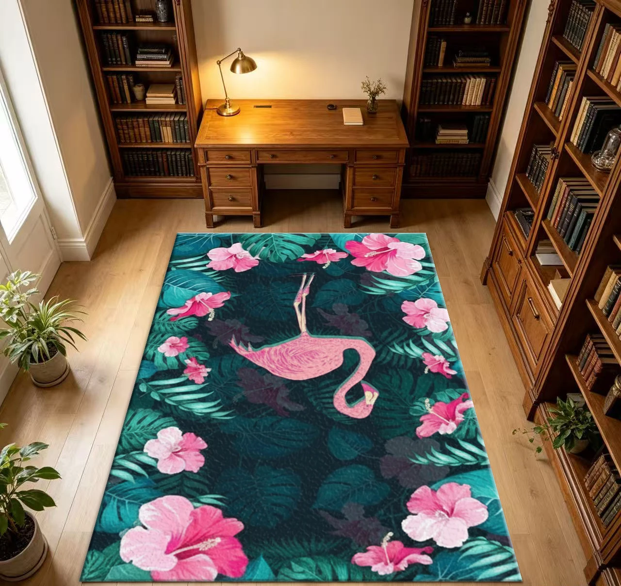 Tropical Pink Flamingo Hibiscus Monstera Leaf Jungle Style Home Area Rug