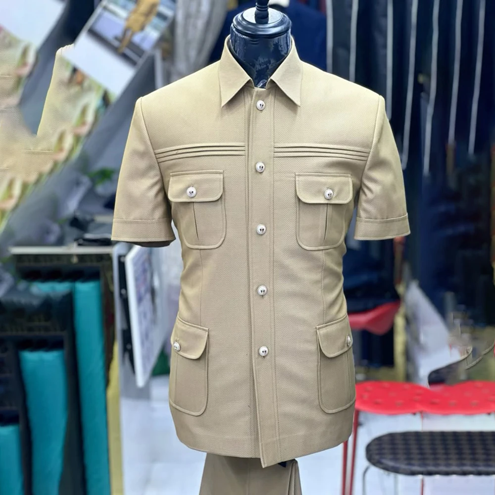 

Luxury Short Sleeve Men's Suits Summer Stand Lapel Single Breasted 2 Piece Jacket Pants Sets Customized Skinny Male Clothing