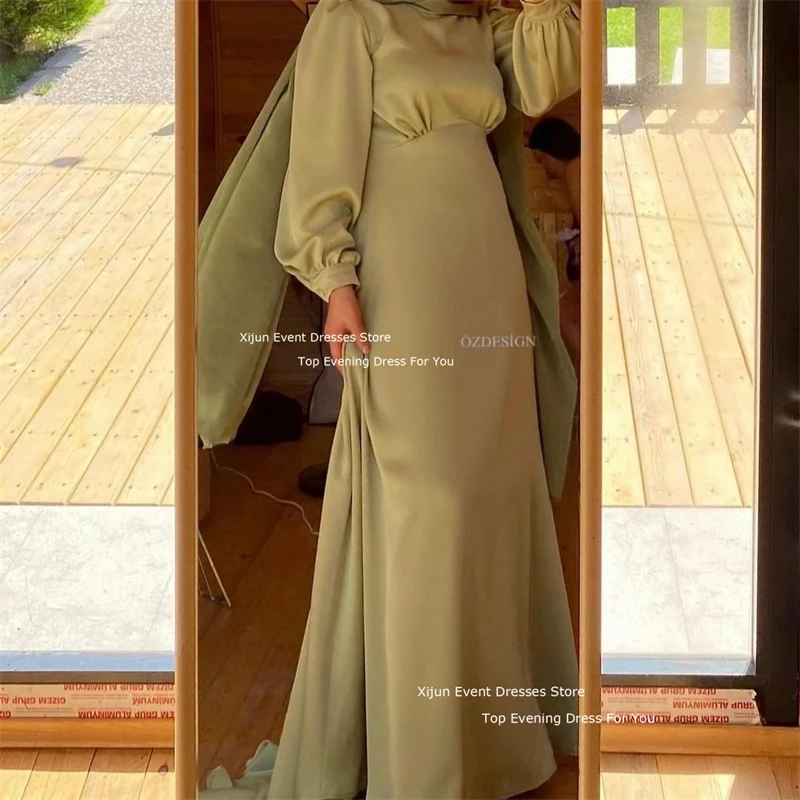 Xijun Green Satin Mermaid Evening Dresses Long Sleeves Muslim Prom Dresses Formal Dubai Floor Length Prom Gowns For Women 2024