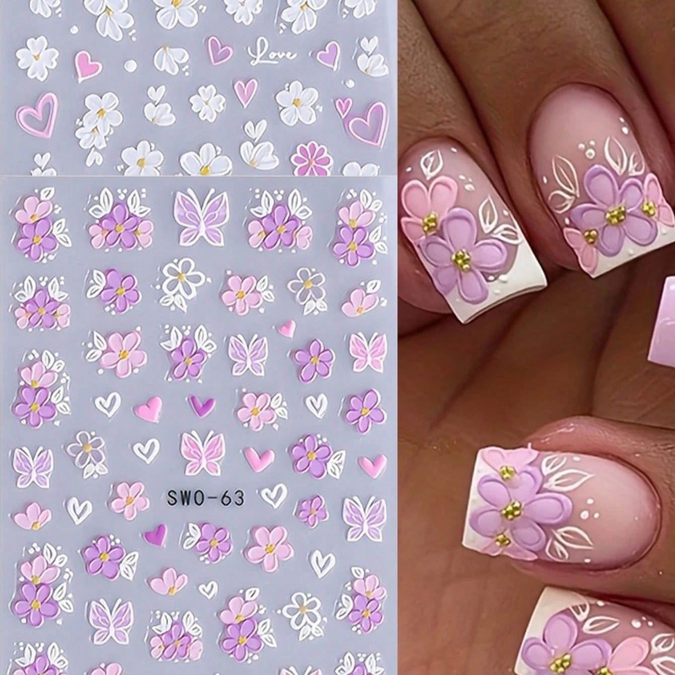 5D Embossed Floral Nail Art Stickers, 3D Flower Butterfly Heart Pattern Nail Decals, Suitable