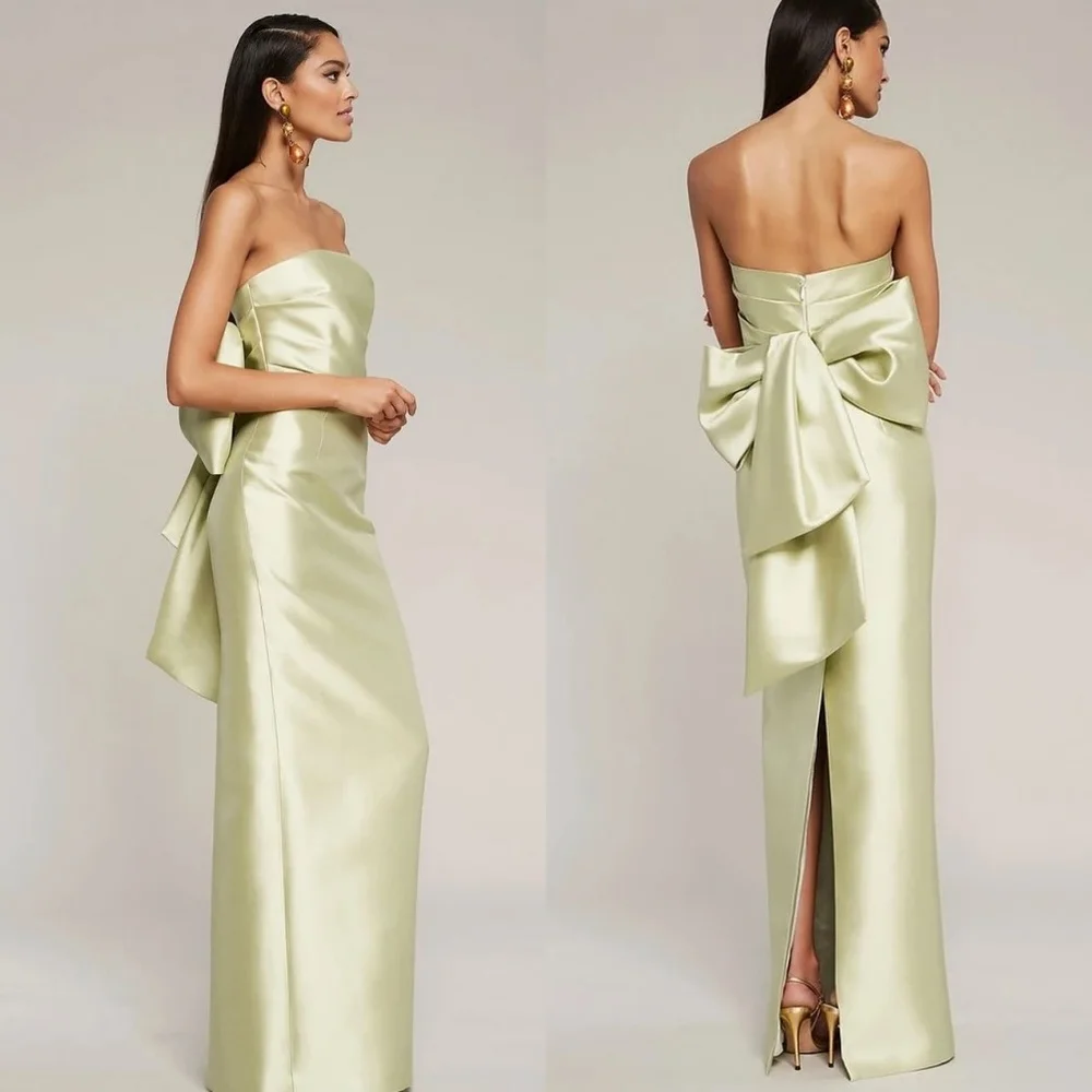 Satin Bow Ruched Engagement A-line Strapless Bespoke Occasion Gown Long Dresses