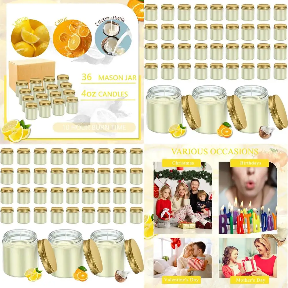 

Набор из 36 мини-банков Мейсона емкостью 4 унции с ароматическими свечами — подарки для ароматерапии на свадьбу, дни рождения (лимон, цитрусовый, кокос, золото)