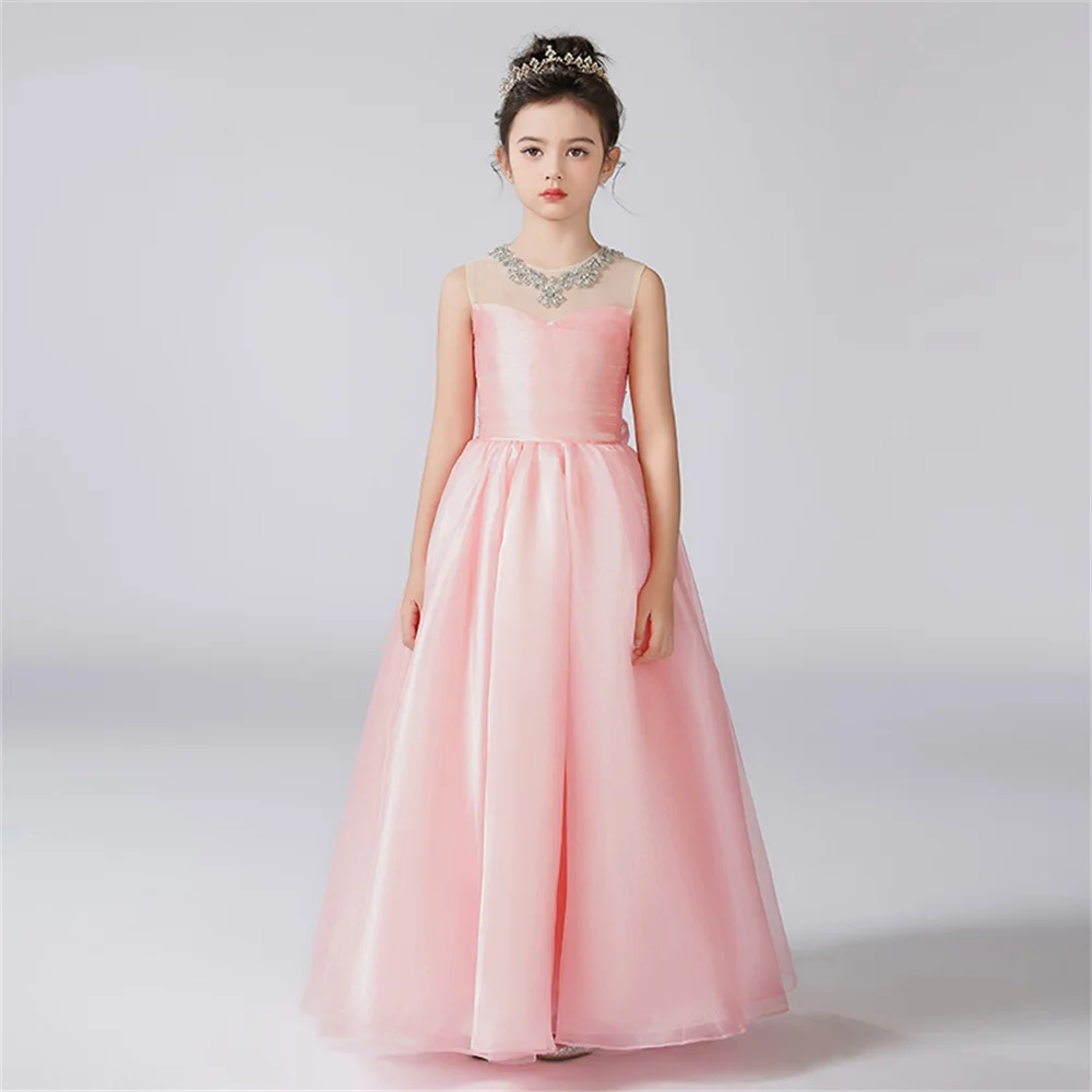 Dideyttawl Customized Organza Pleats O-Neck Dress For Girl Flower Girl Dresses Sleeveless Kids Birthday Formal Princess Gowns