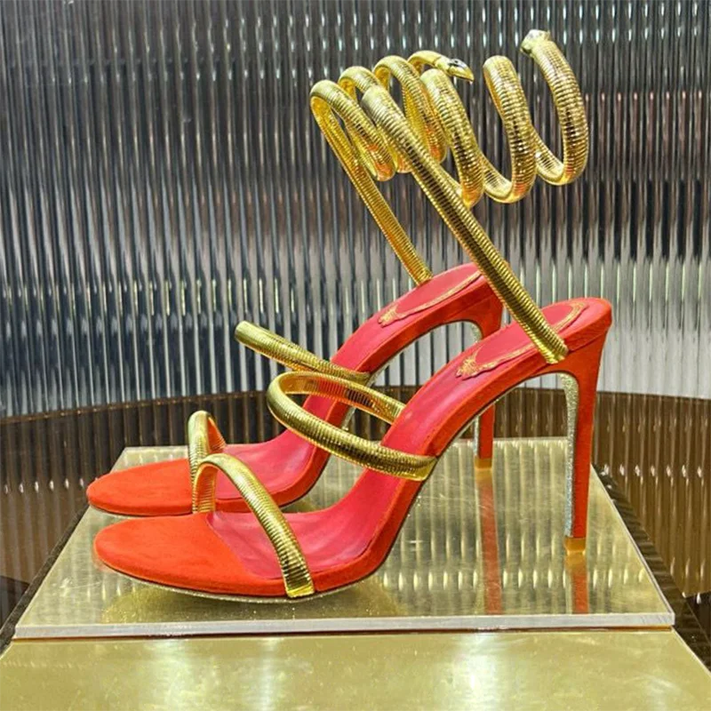 Ankle Snake Shaped Strap Entanglement Sandals Women Open Toe Metal One Strap Thin High Heels Sandalias Summer Party Dress Shoes