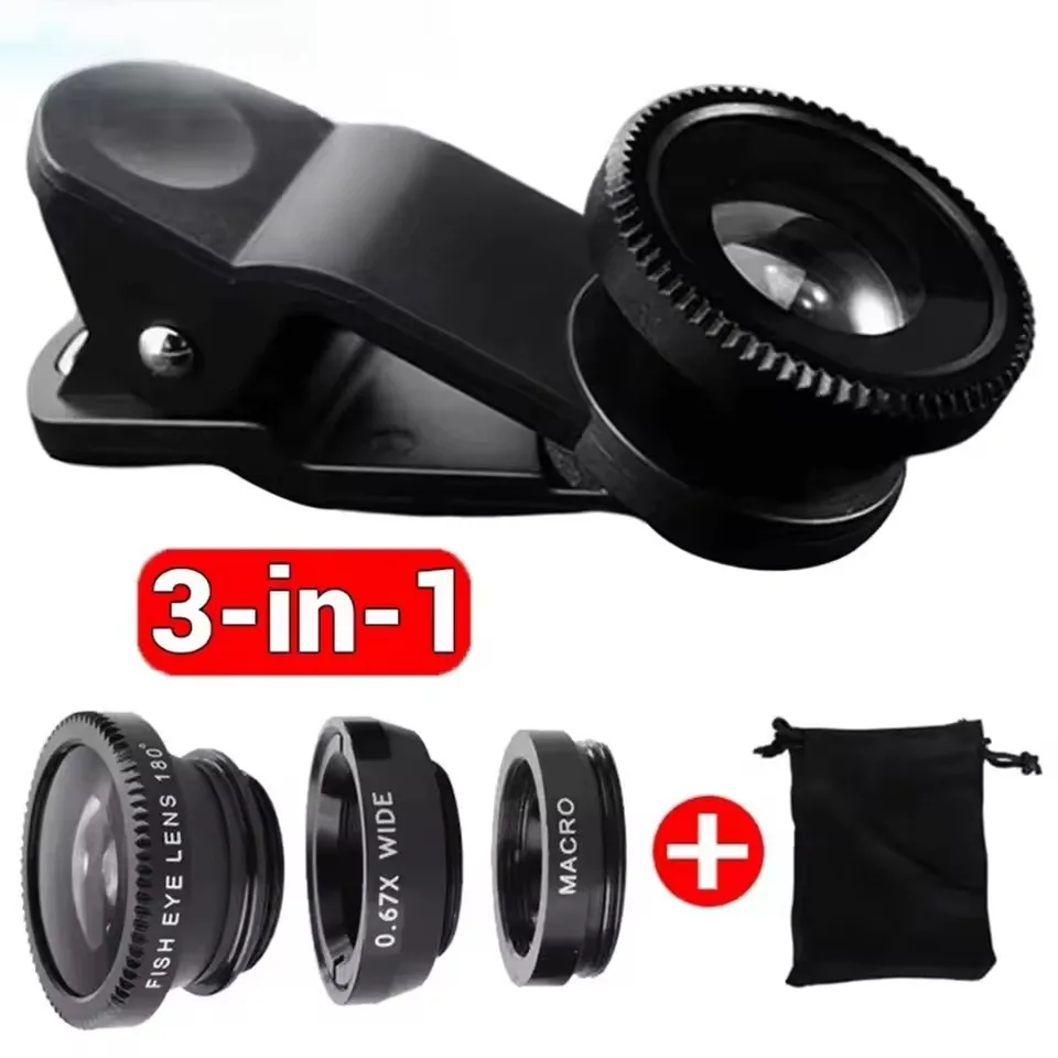 Lente de cámara micro gran angular tipo ojo de pez 3 en 1 para iPhone Xiaomi Redmi, lente de ojo de pez con zoom 3 en 1 para teléfonos inteligentes con clip para teléfono