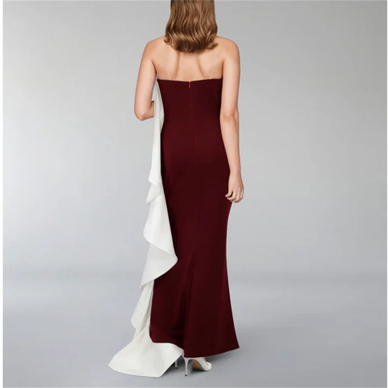 ชุดราตรียาวสีเบอร์กันดีและสีงาช้างสำหรับผู้หญิง ปี 2025 ชุดราตรีงานพรอมสวยงาม สายเดี่ยว สง่างาม ชุดเดรสสำหรับงานปาร์ตี้ สามารถสั่งตัดได้