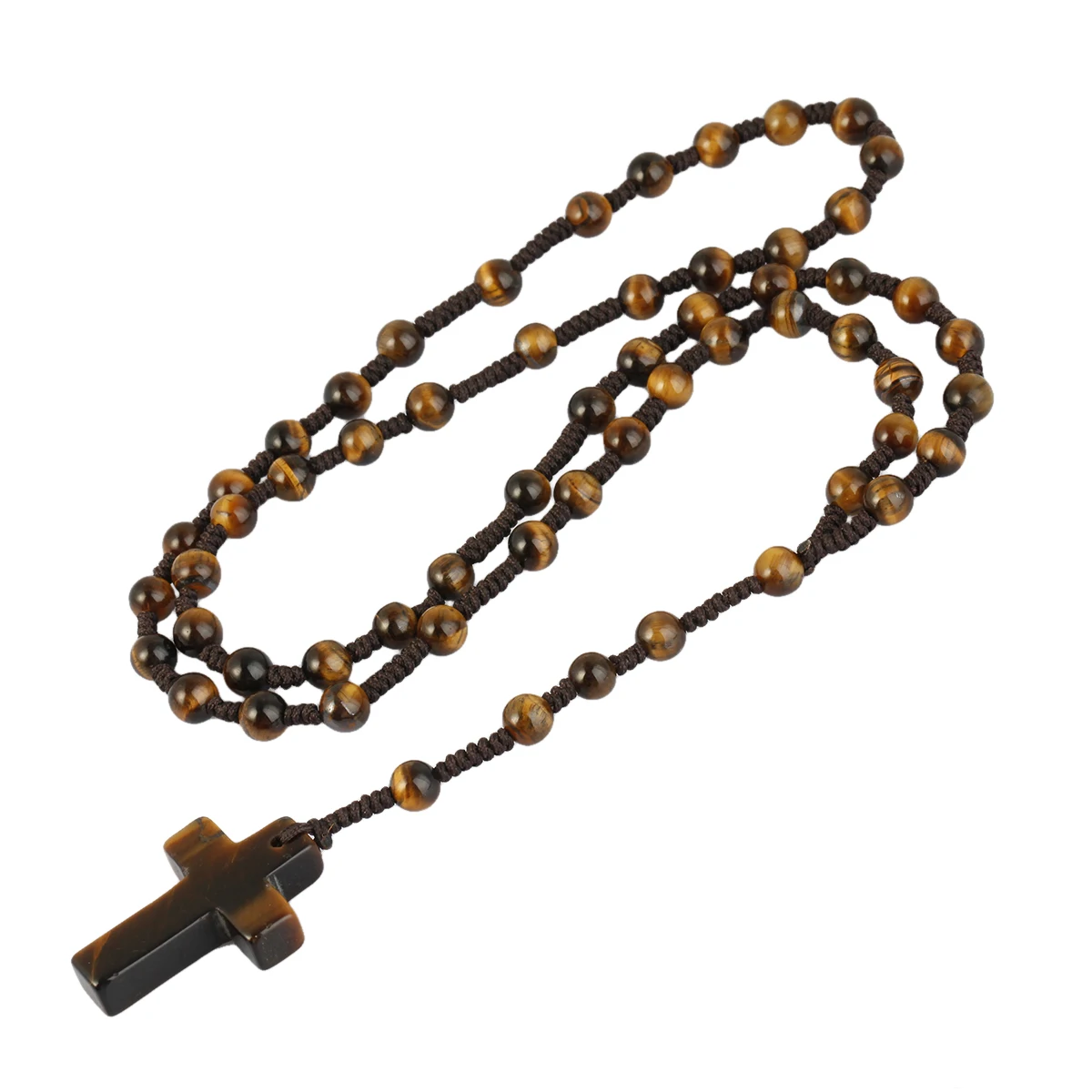 TUMBEELLUWA Natural Stone Cross Pendant Beaded Necklace for Men Women, Catholic Rosary Hand Knotted Necklace