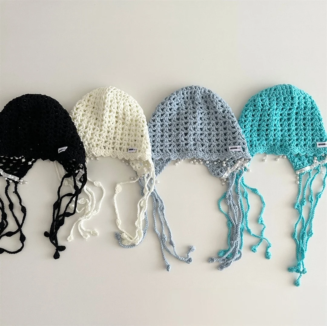 Girls Crochet Fringe Hat Cotton Knit Bonnet Hollow Beanie with Pearls for Kids Autumn Photo Prop Boho Style Hair Accessories